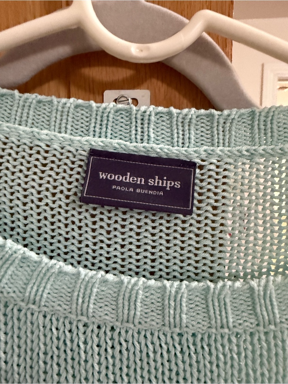 Wooden Ships Mint Aqua Knit Sweater with Floral Peace Motif - Picture 2 of 4